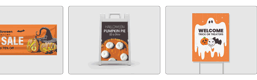 Halloween sign designs featuring pumpkin pie ad, trick-or-treat welcome sign, and party poster