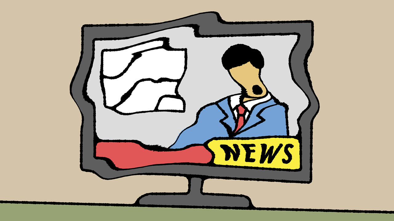 illustration of distorted television screen showing a glitchy newscast with a man speaking