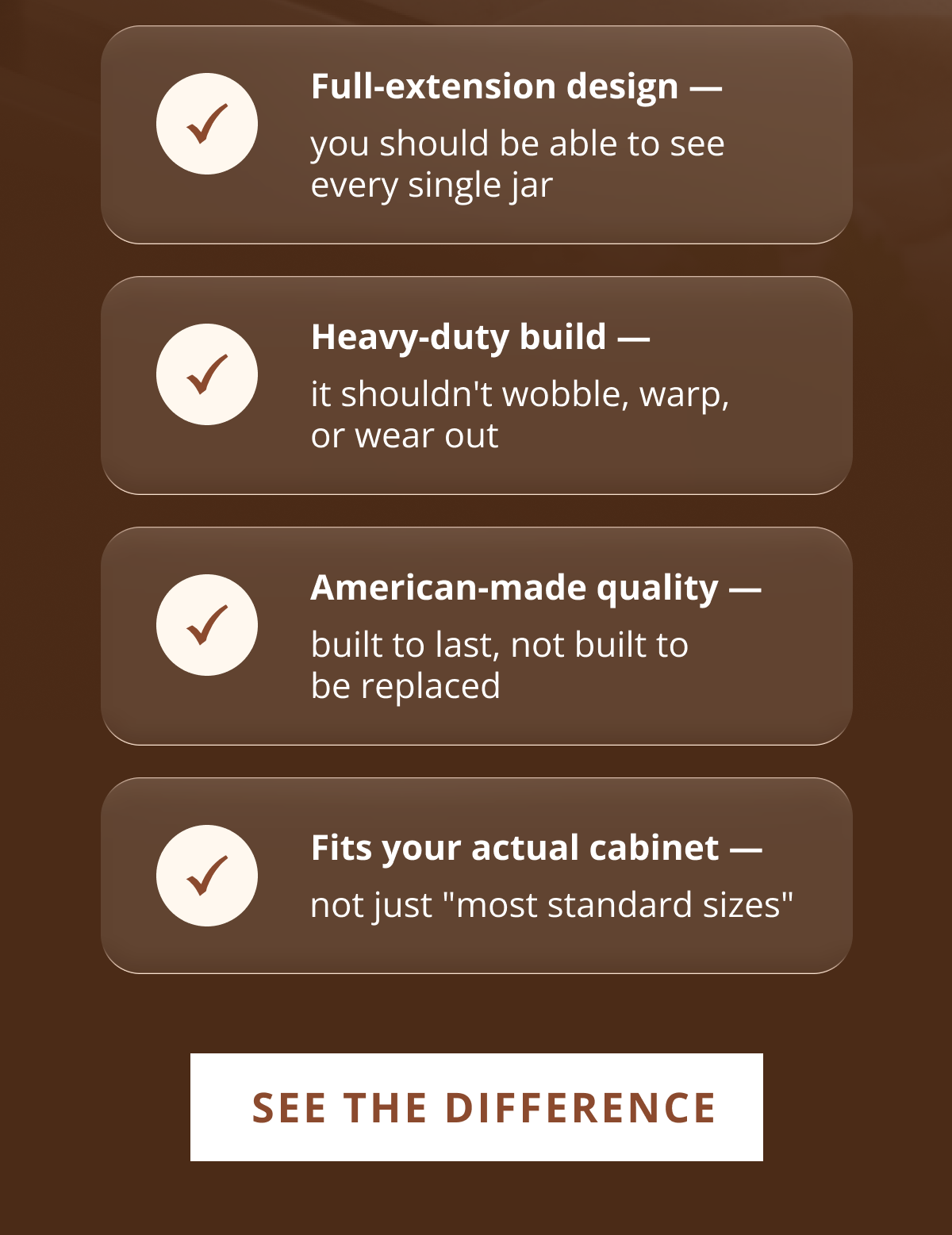 Checklist of spice rack features including full-extension access, heavy-duty build, cabinet fit, and long-lasting quality
