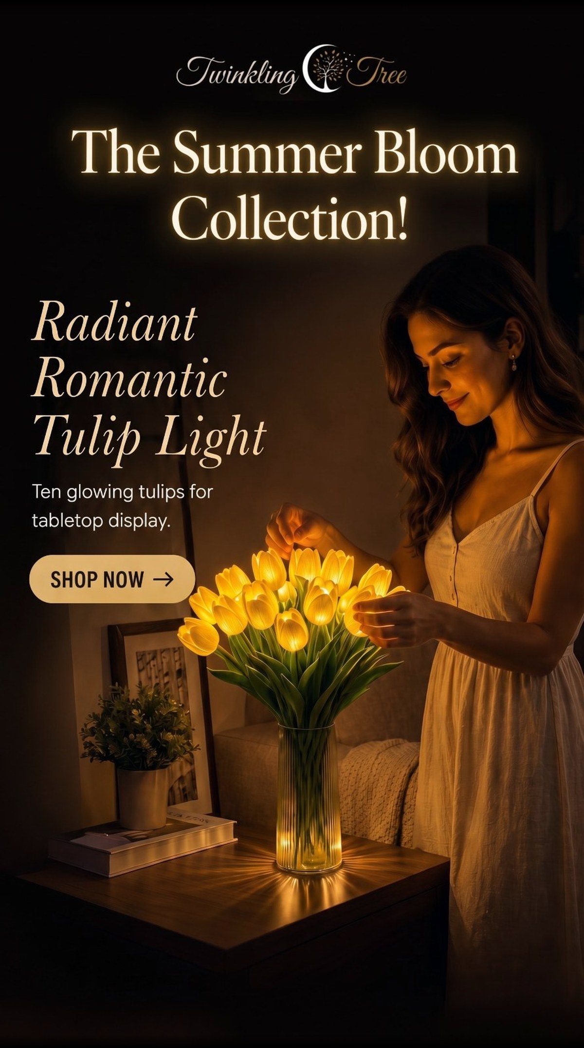 The Summer Bloom Collection - Radiant Romantic Tulip Light, ten glowing tulips in a vase for tabletop display.