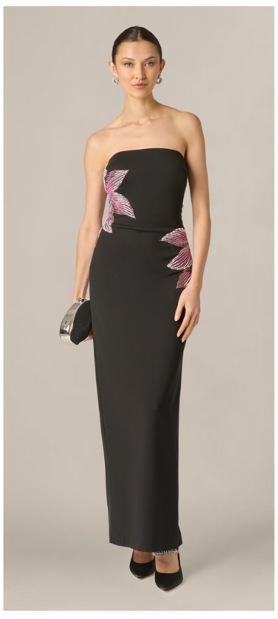 Strapless Beaded Flower Gown In Black