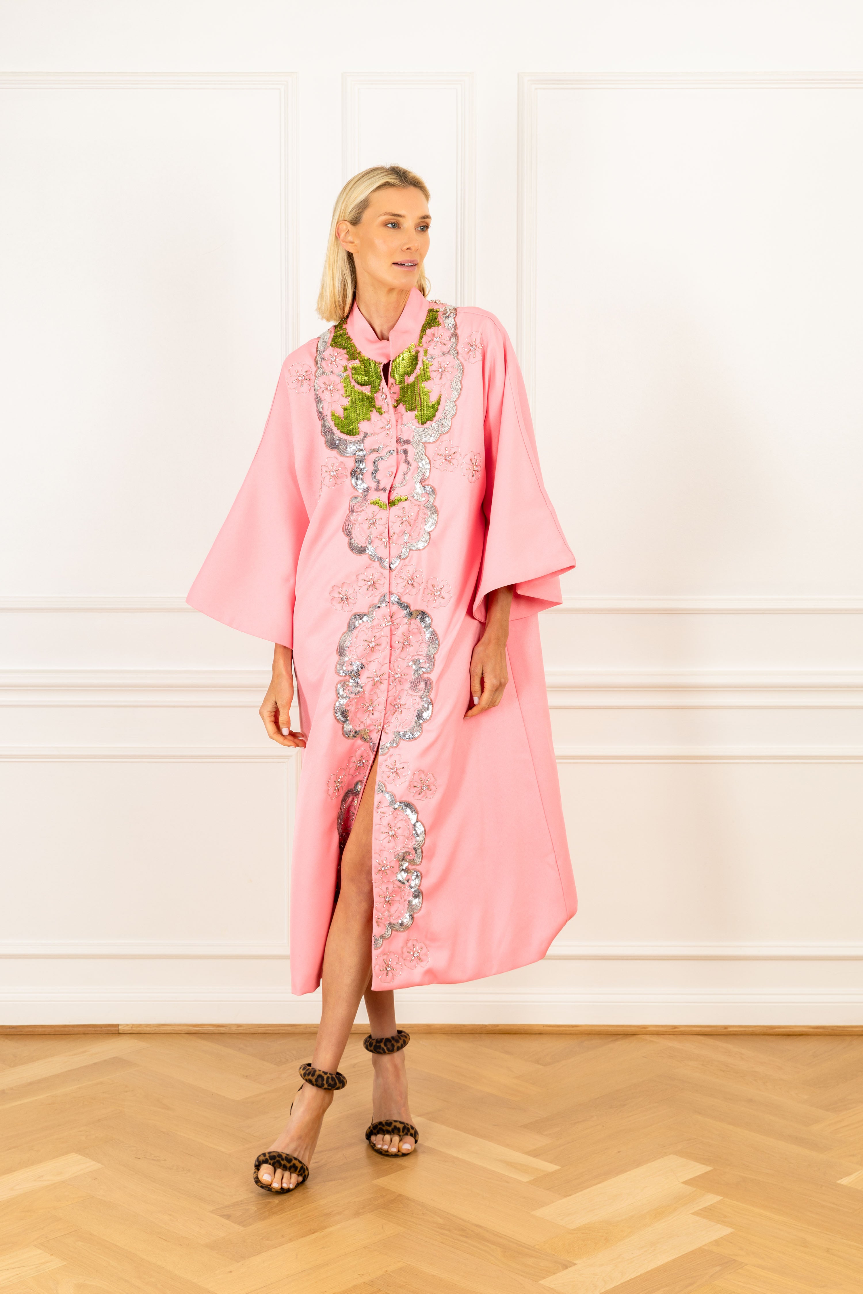 Image of Pink Twill Sequin Maxi Open Front Caftan
