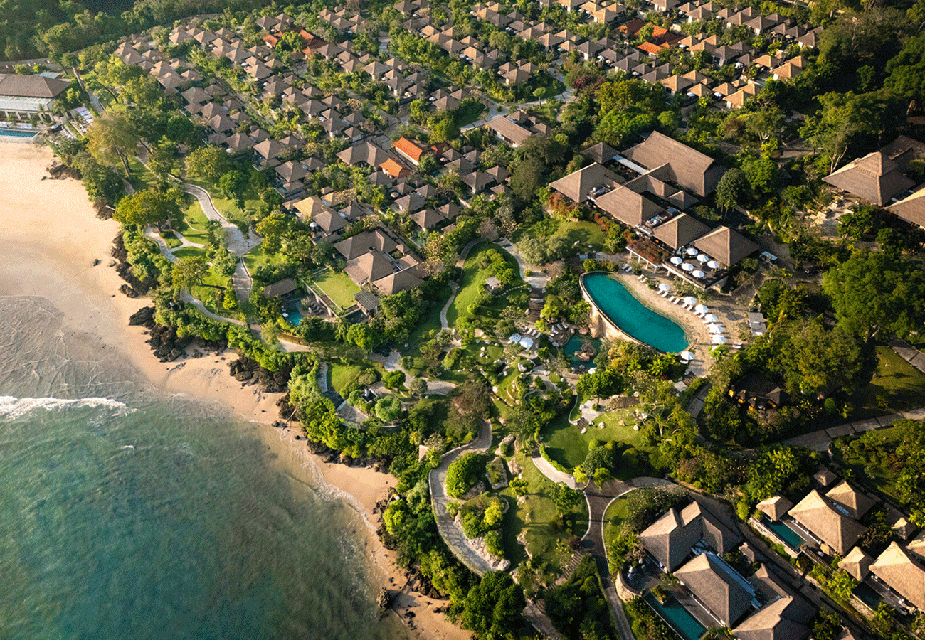 Hero GIF featuring 3 frames: 1) An aerial view of a beachfront resort with villas, pools and lush gardens. 2) Traditional dishes served in woven baskets with rice, seafood and condiments. 3) A couple relaxing on a daybed surrounded by tropical greenery.