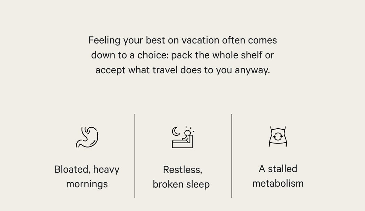 Feeling your best on vacation often comes down to a choice: pack the whole shelf or accept what travel does to you anyway.