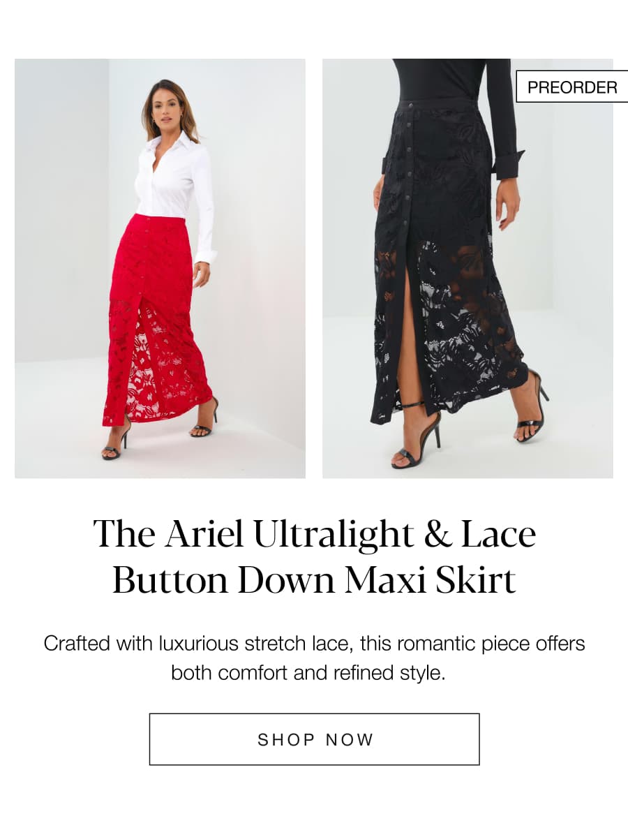 The Ariel Ultralight & Lace Button Down Maxi Skirt. SHOP NOW