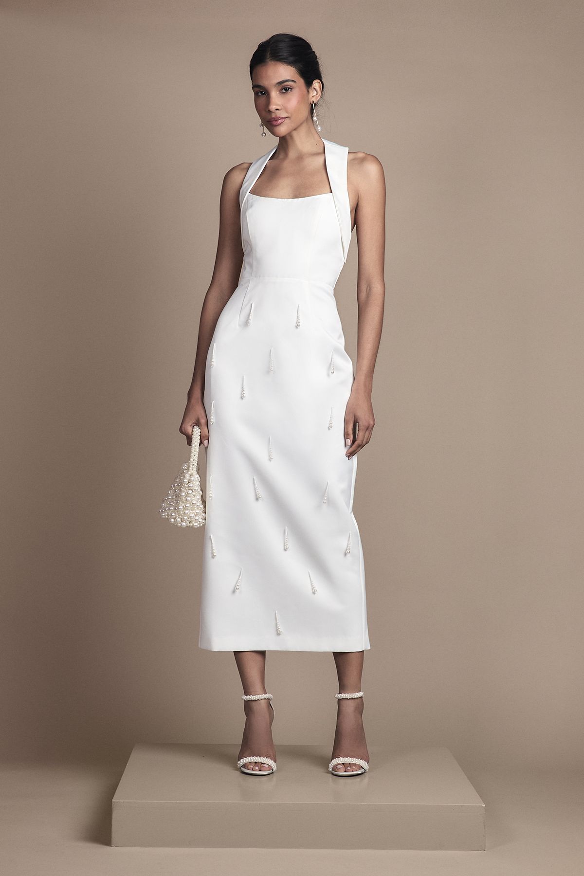 Halter Satin Midi Bridal Dress With Pearl