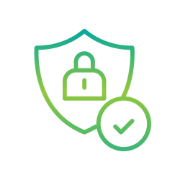 Green shield icon featuring a padlock and prominent check mark, symbolizing security and approval