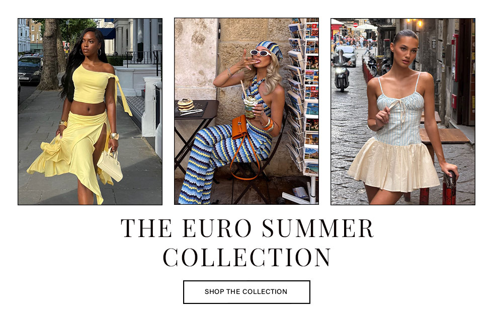 Three models display the Euro Summer Collection: a vibrant yellow two-piece, a chic blue patterned outfit, and a striped top with cream skirt. Shop now.