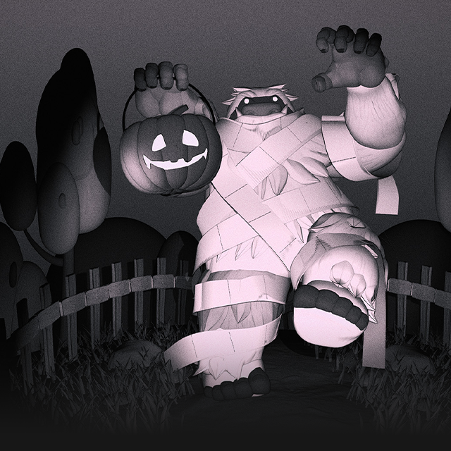 A mummy-like character emerges from a field at night carrying a jack-o-lantern.