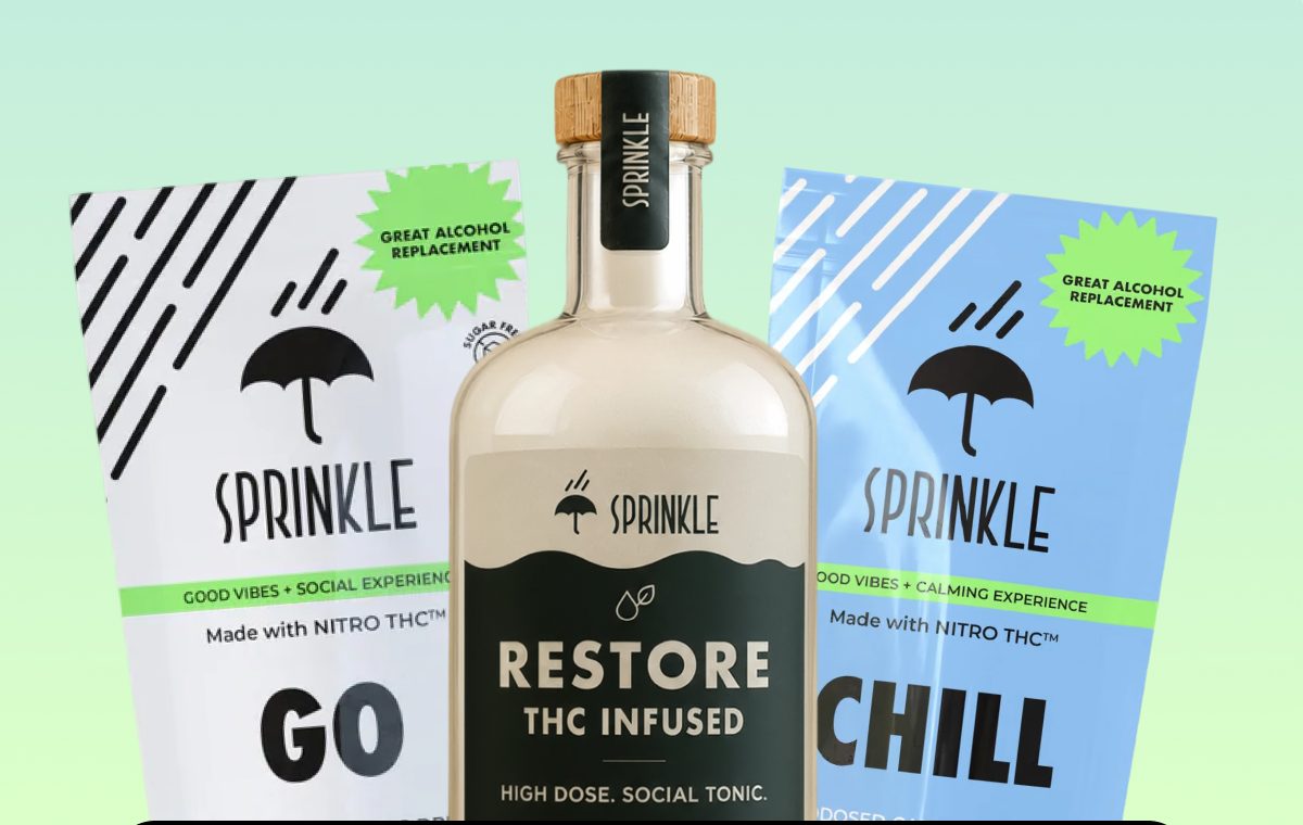 Three products from Sprinkle: Restore THC infused tonic, Go, and Chill packets.