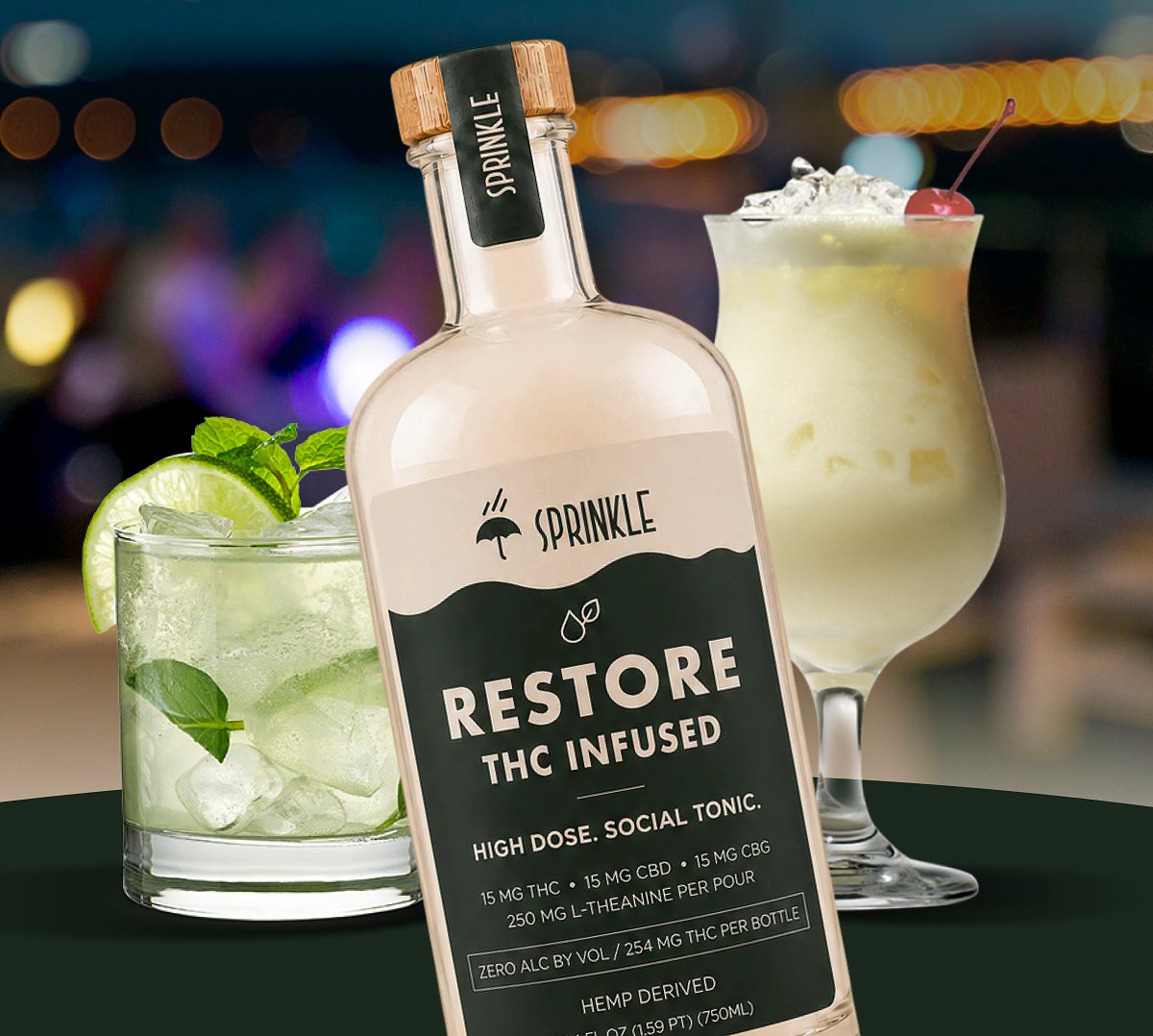 A bottle of THC-infused tonic with cocktails in the background.