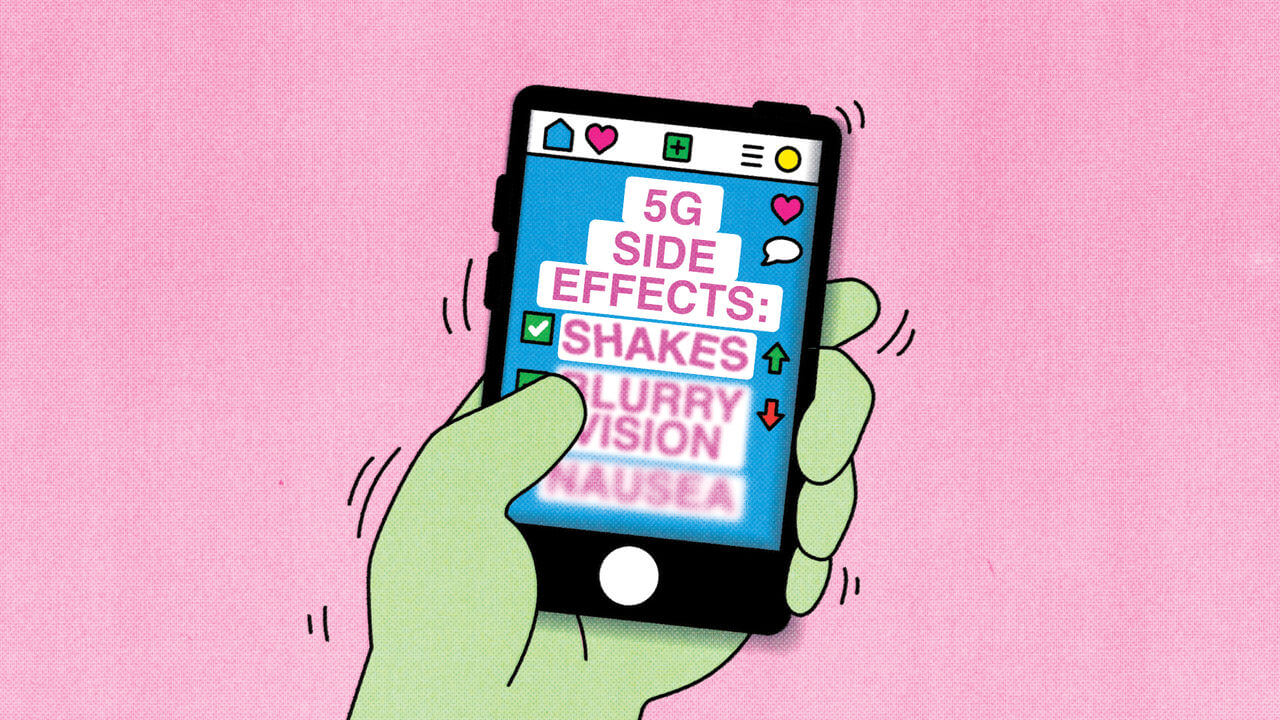 Illustration of a person holding their with the side effects of 5G displayed on the screen. 