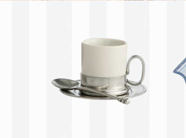 Tuscan French Country White Ceramic Espresso Cup & Saucer Set