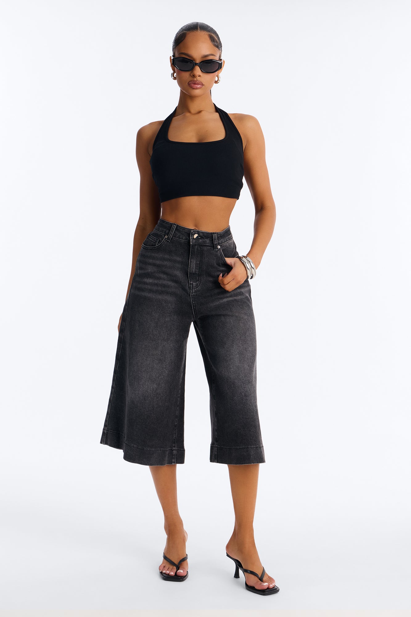 Image of Greenwich Culottes Wide Leg Jeans - Black Wash