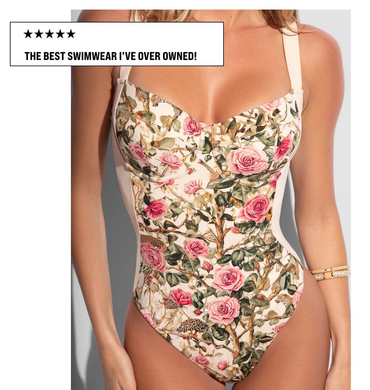 A woman in a floral swimsuit with a review praising the swimwear's fit and comfort.