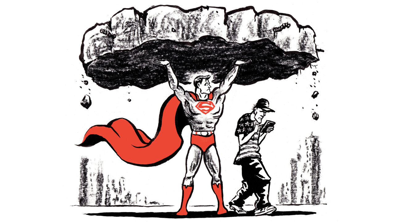 Superman carrying a piece of the ground over an american man obsessed over his phone. 