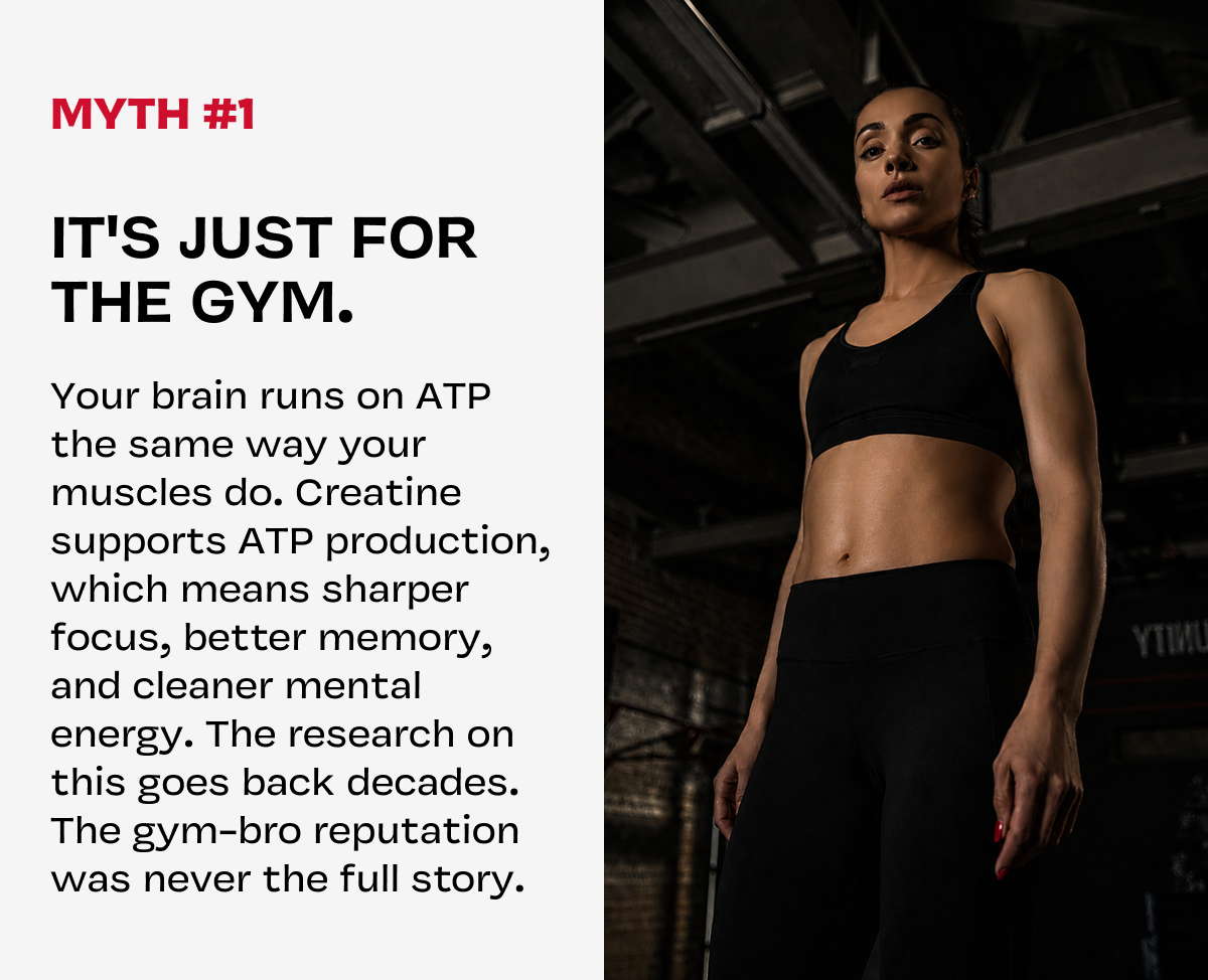 "It's just for the gym." Text on creatine's brain benefits, beside photo of a scoop of powder.