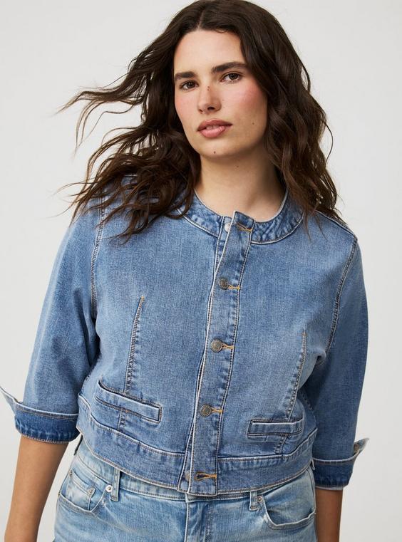 Cropped Collarless Denim Jacket