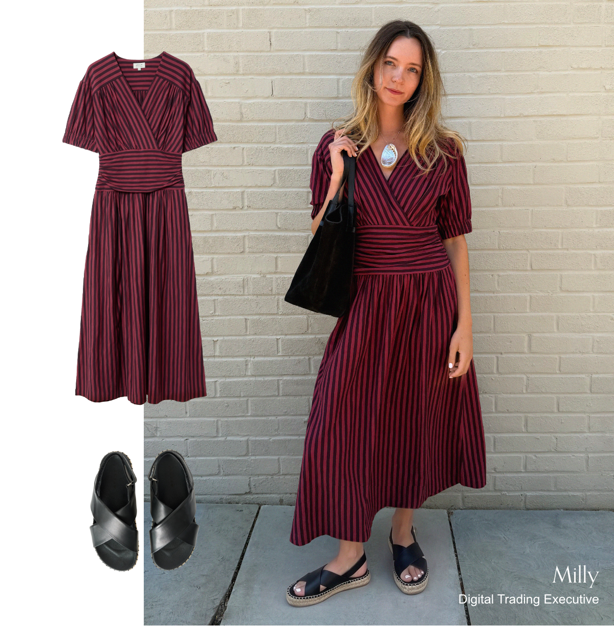 Red black striped V neck dress with panel waist and puff sleeves