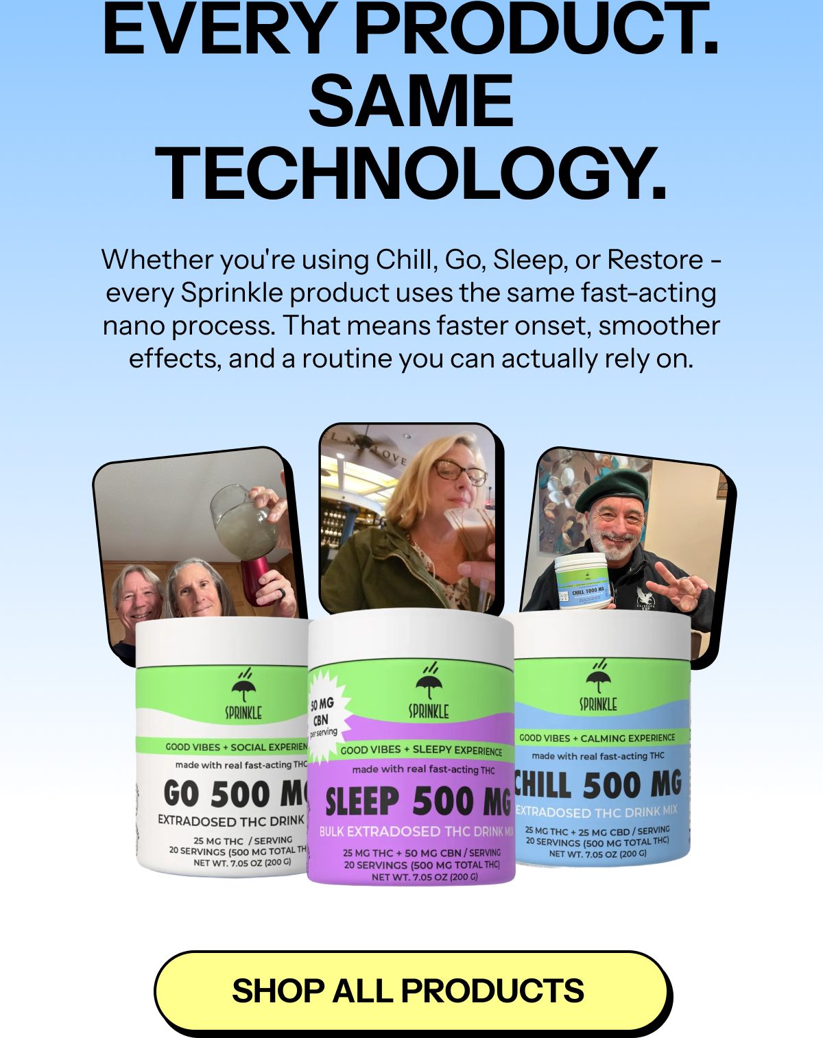 Sprinkle product jars with Chill, Go, Sleep, and Restore; people enjoying the products.