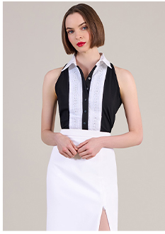 Black and White Sleeveless Shirt With Lace Ribbon Insert and Point Collar