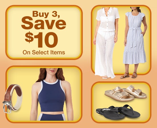 Buy 3 and save $10 on select apparel items