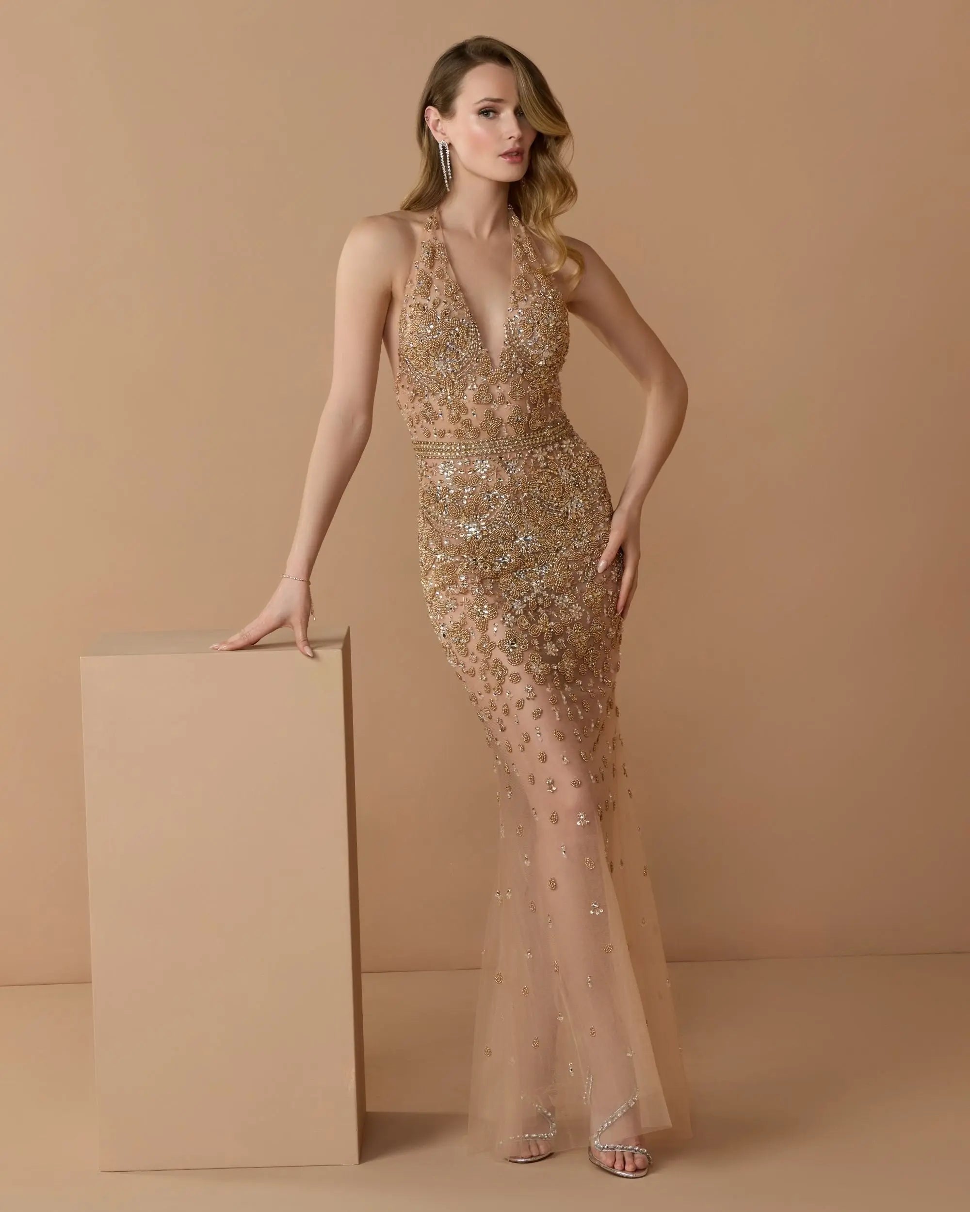 Image of Gold Hand Embellished Open Back Halter Gown