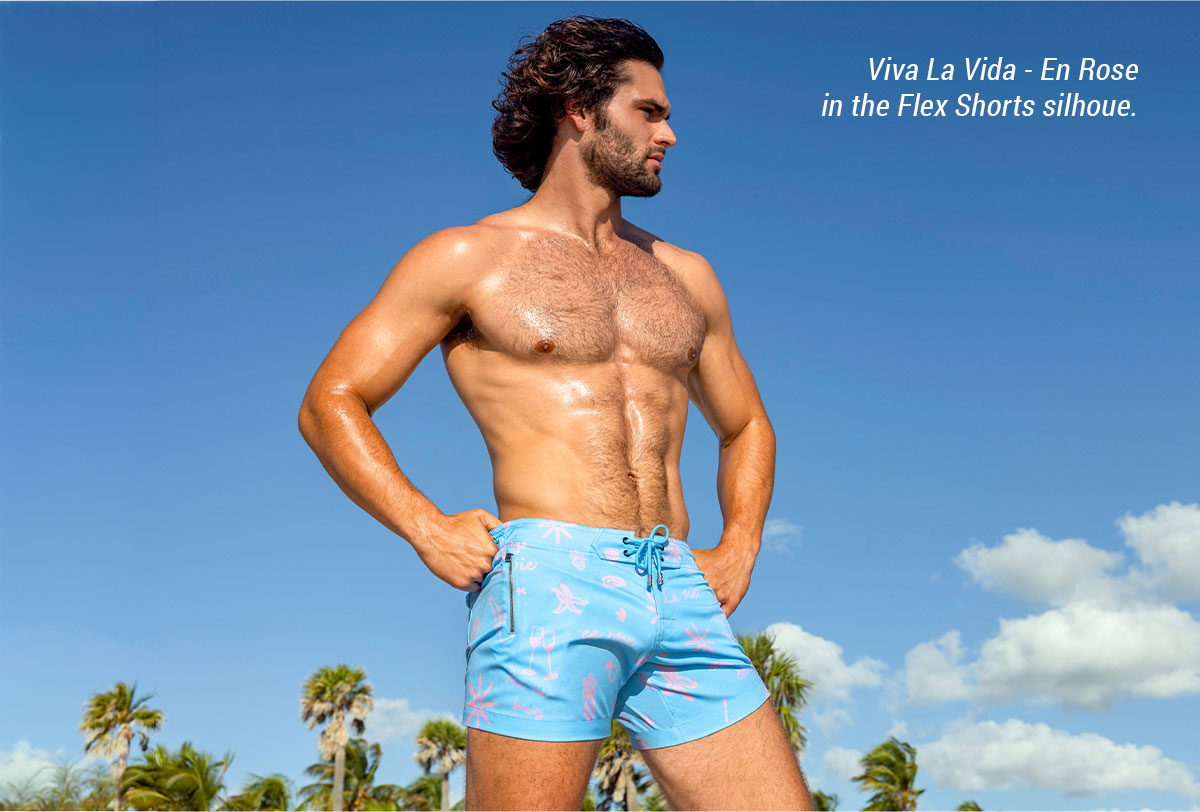 4th of July Sale featuring Viva La Vida (En Rose) Flex Shorts, a sky-blue silhouette with playful pink graphics for summer celebrations.