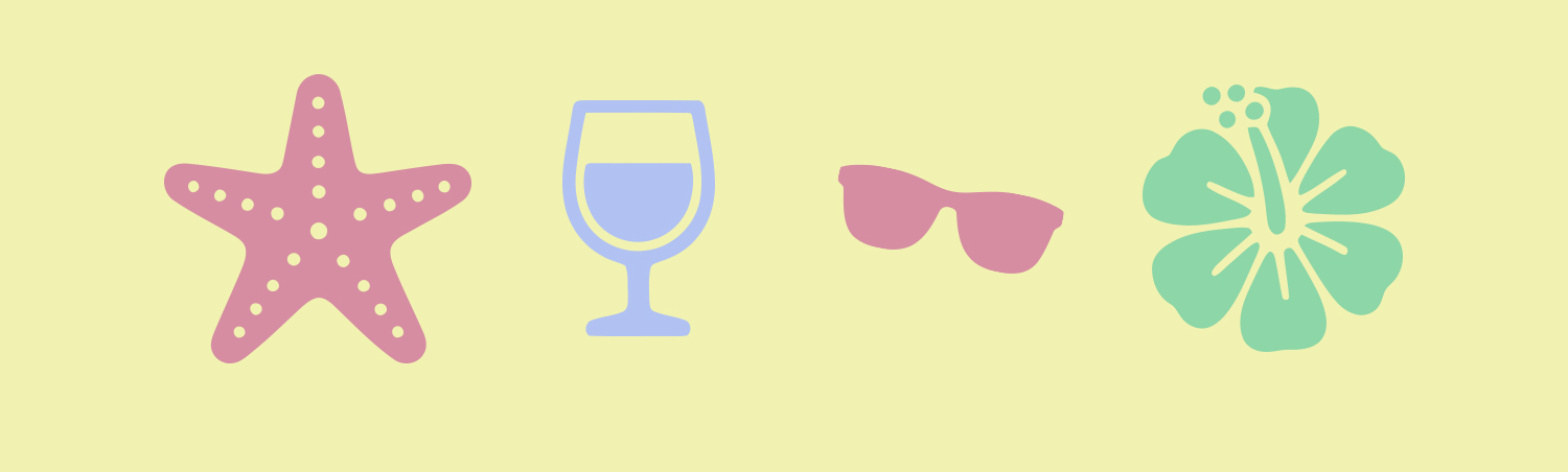 Summer icons, starfish, hibiscus