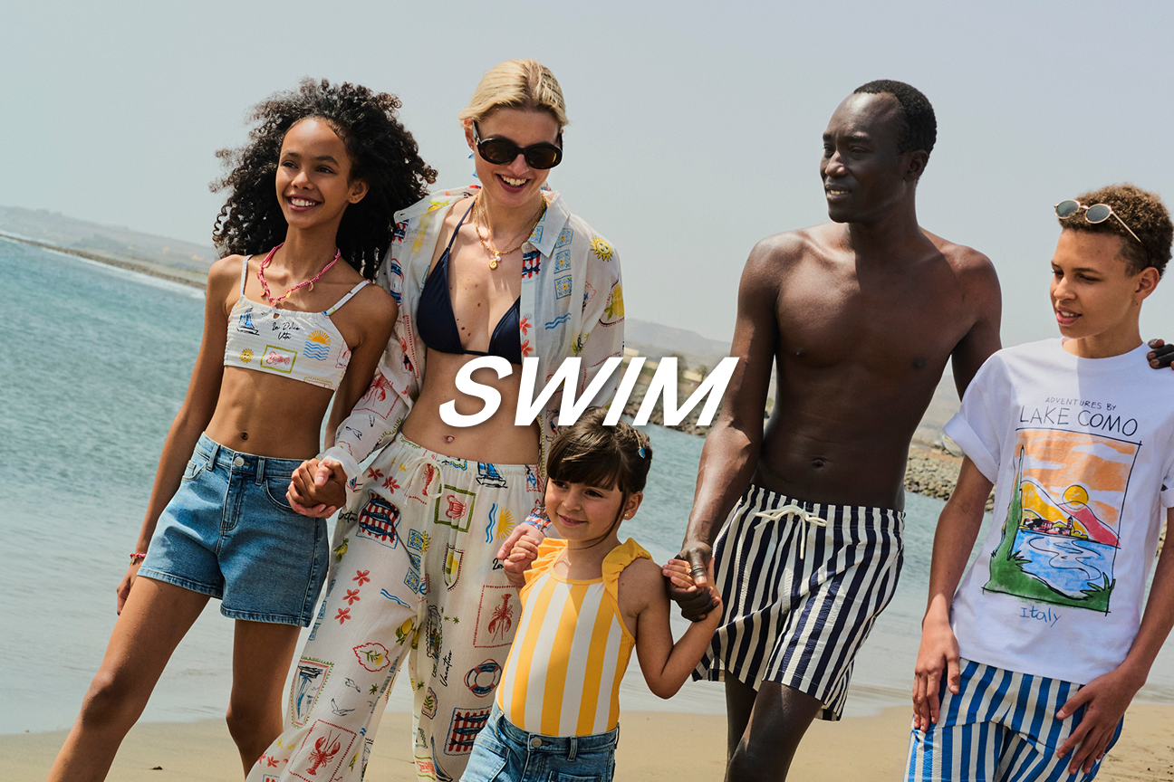 Swim. A family wearing multiple different pieces of swimwear