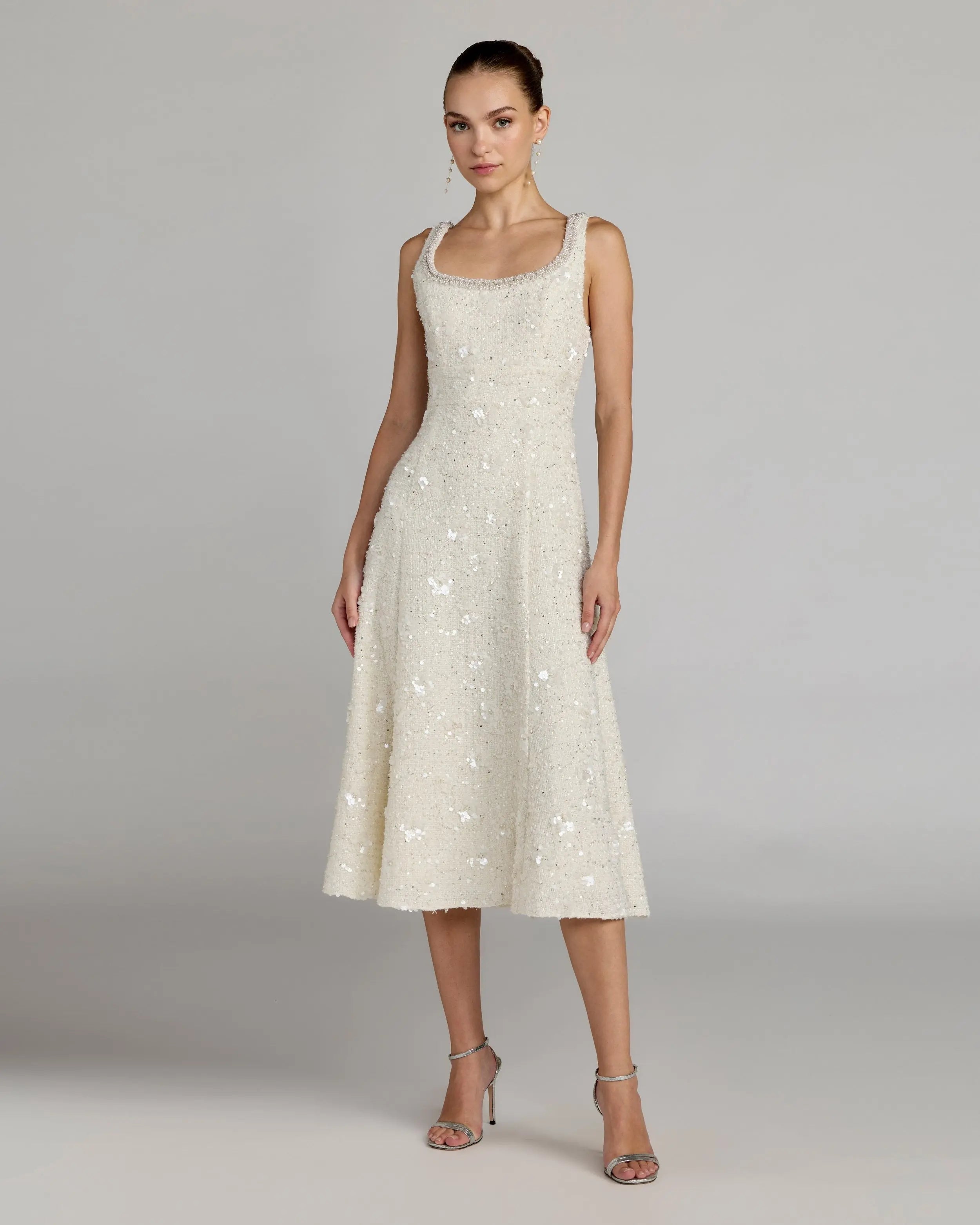 Image of Ivory Embellished Boucle Sleeveless A-Line Midi Dress