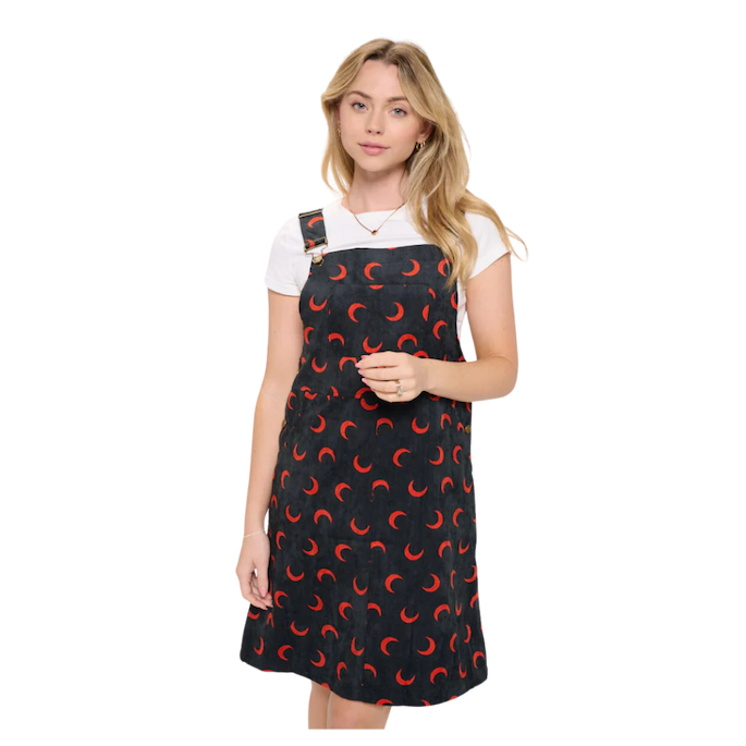 Half Moon Print Corduroy Dress- Red