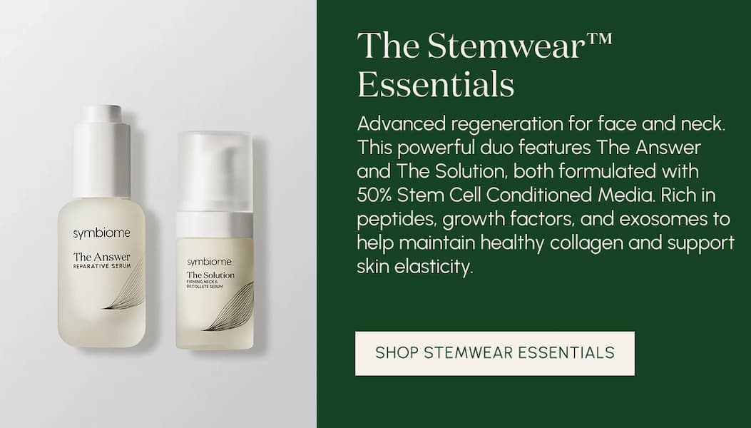 The Stemwear Essentials  Advanced regeneration for face and neck. This powerful duo features The Answer and The Solution, both formulated with 50% Stem Cell Conditioned Media. Rich in peptides, growth factors, and exosomes to help maintain healthy collagen and support skin elasticity.