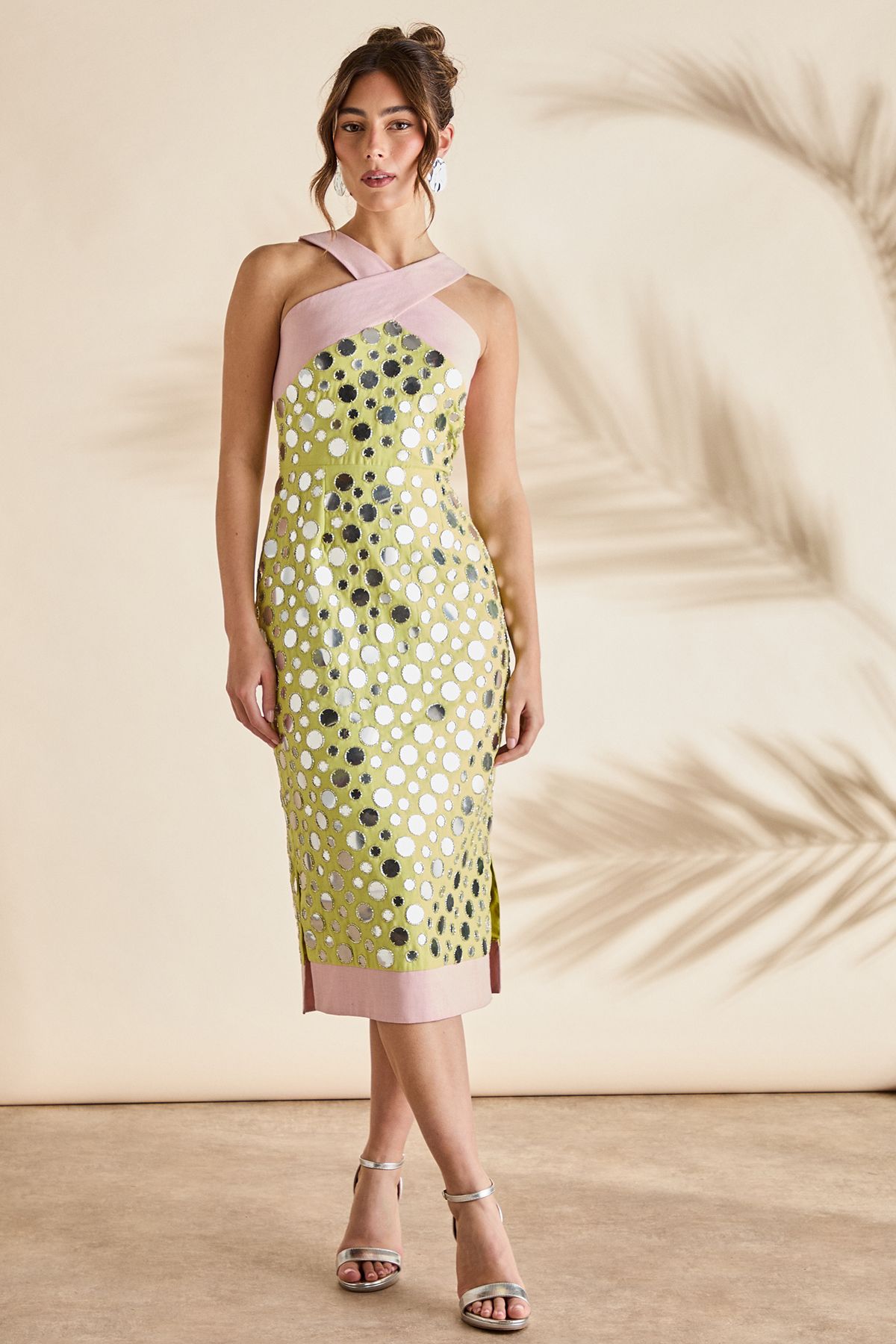 Cross Neck Mirror Sequin Midi Dress