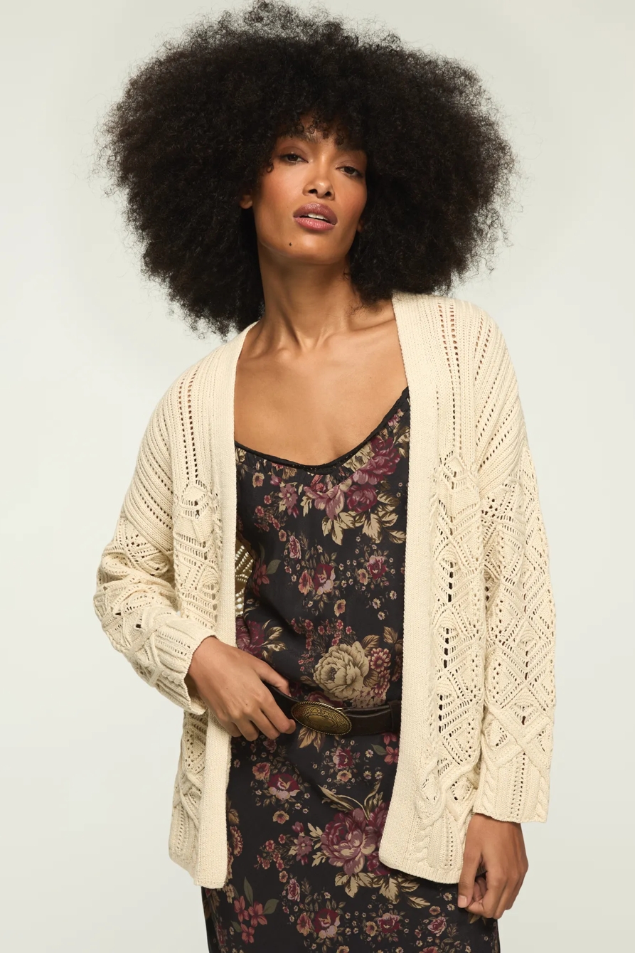 Image of Lucky Brand Mixed Stitch Cardigan Sweater - Women's Clothing Tops Sweaters in Cadet Navy