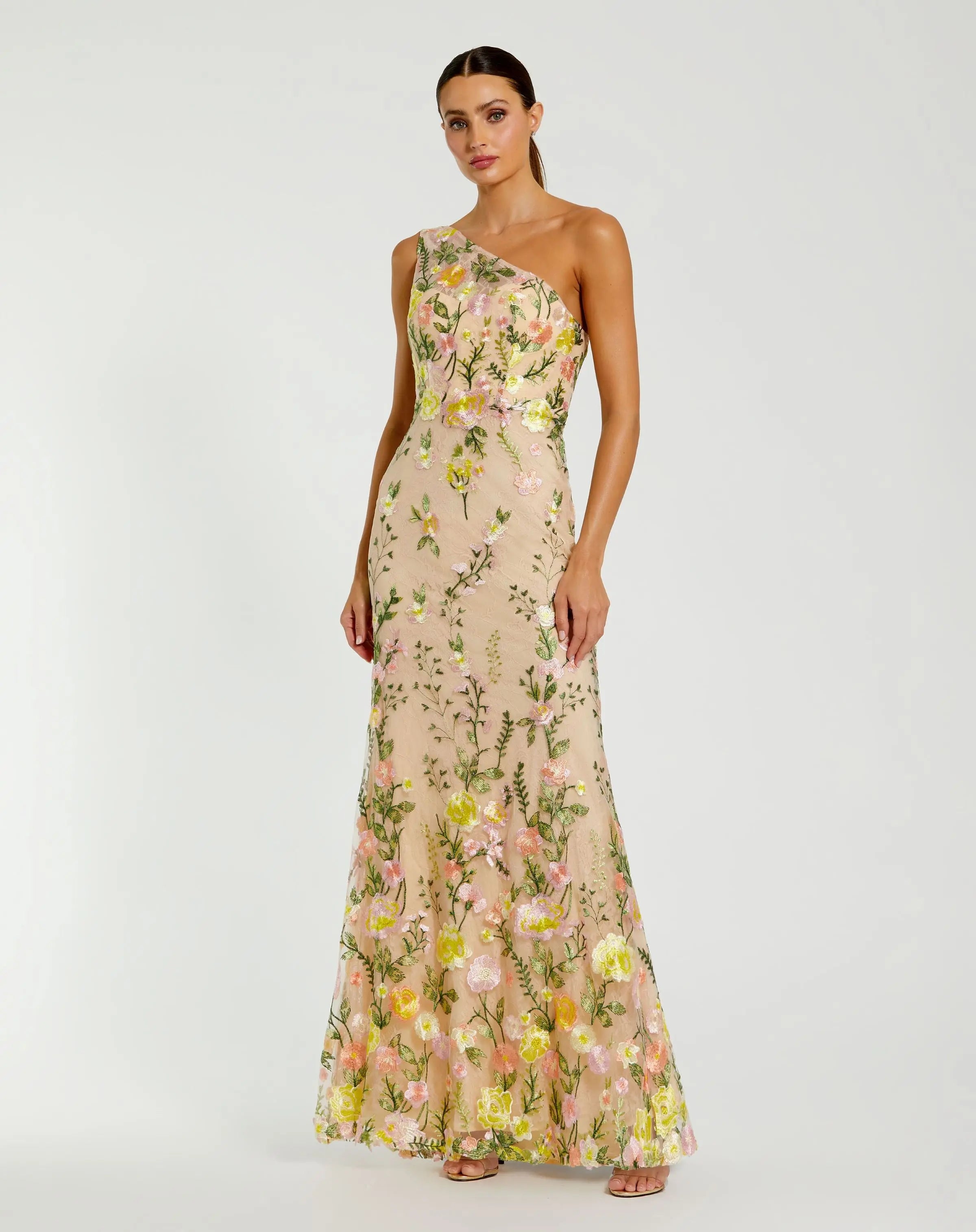 Image of Beige One Shoulder Floral Embroidered Gown