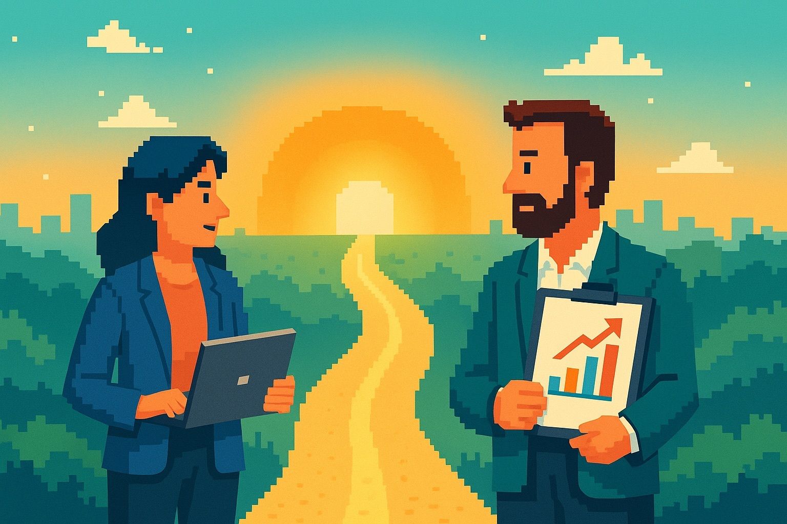 Pixel art illustration of two business partners standing at a golden path merging toward a sunrise, symbolizing co-leadership and shared direction, with one holding a laptop and the other a growth chart.