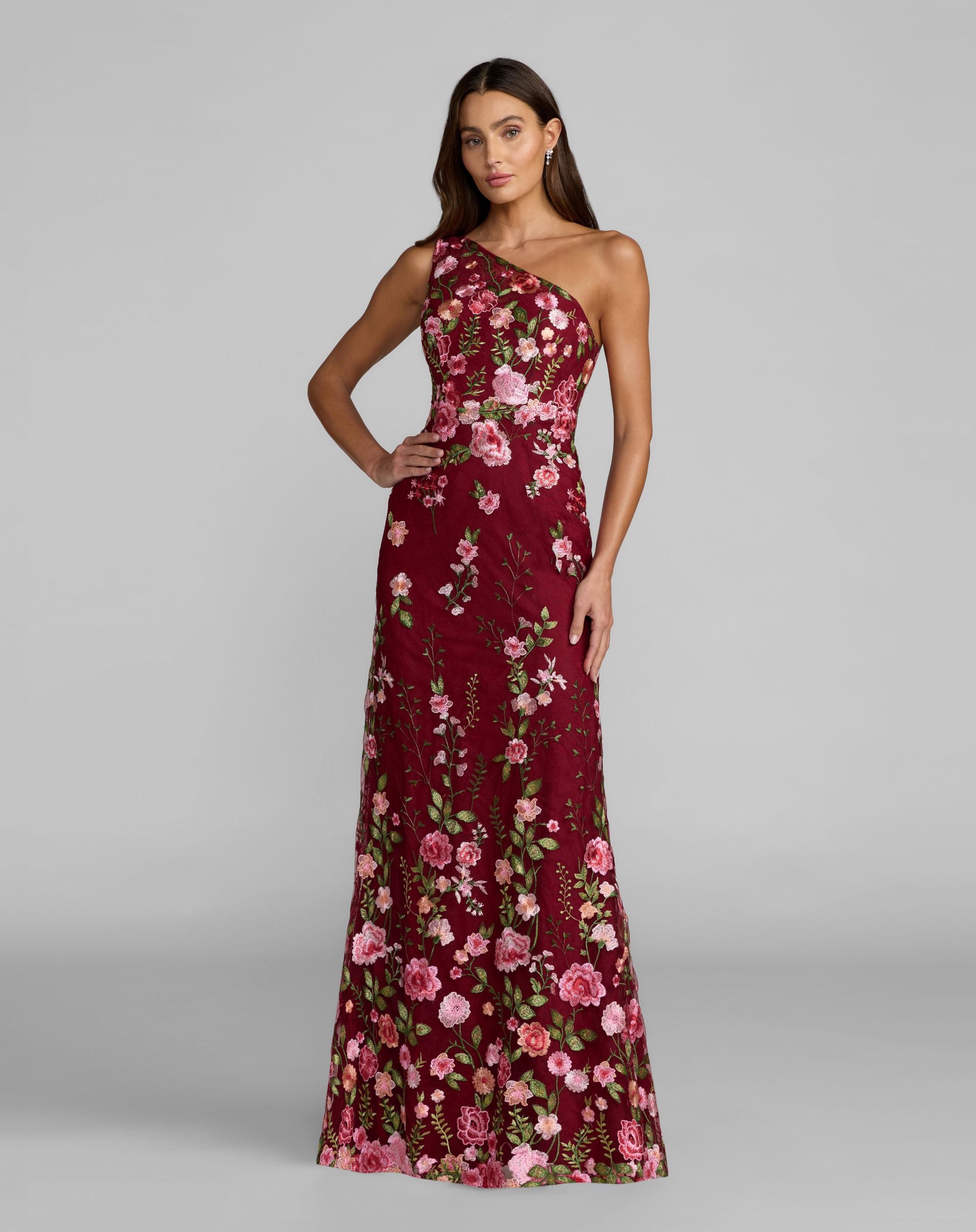 Image of Petite Red One Shoulder Floral Embroidered Gown