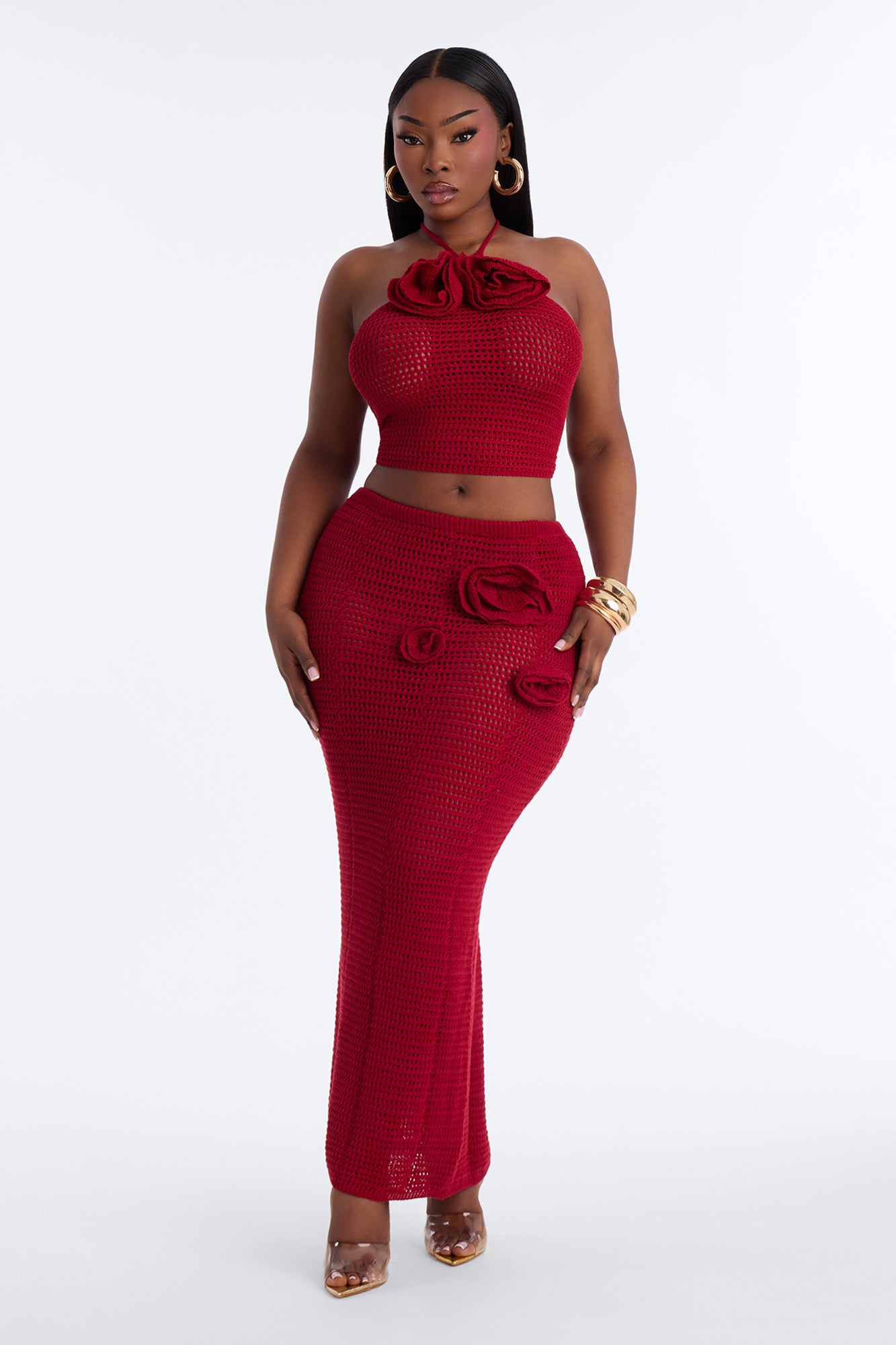 Image of Sadie Floral Crochet Maxi Skirt Set - DarkRed