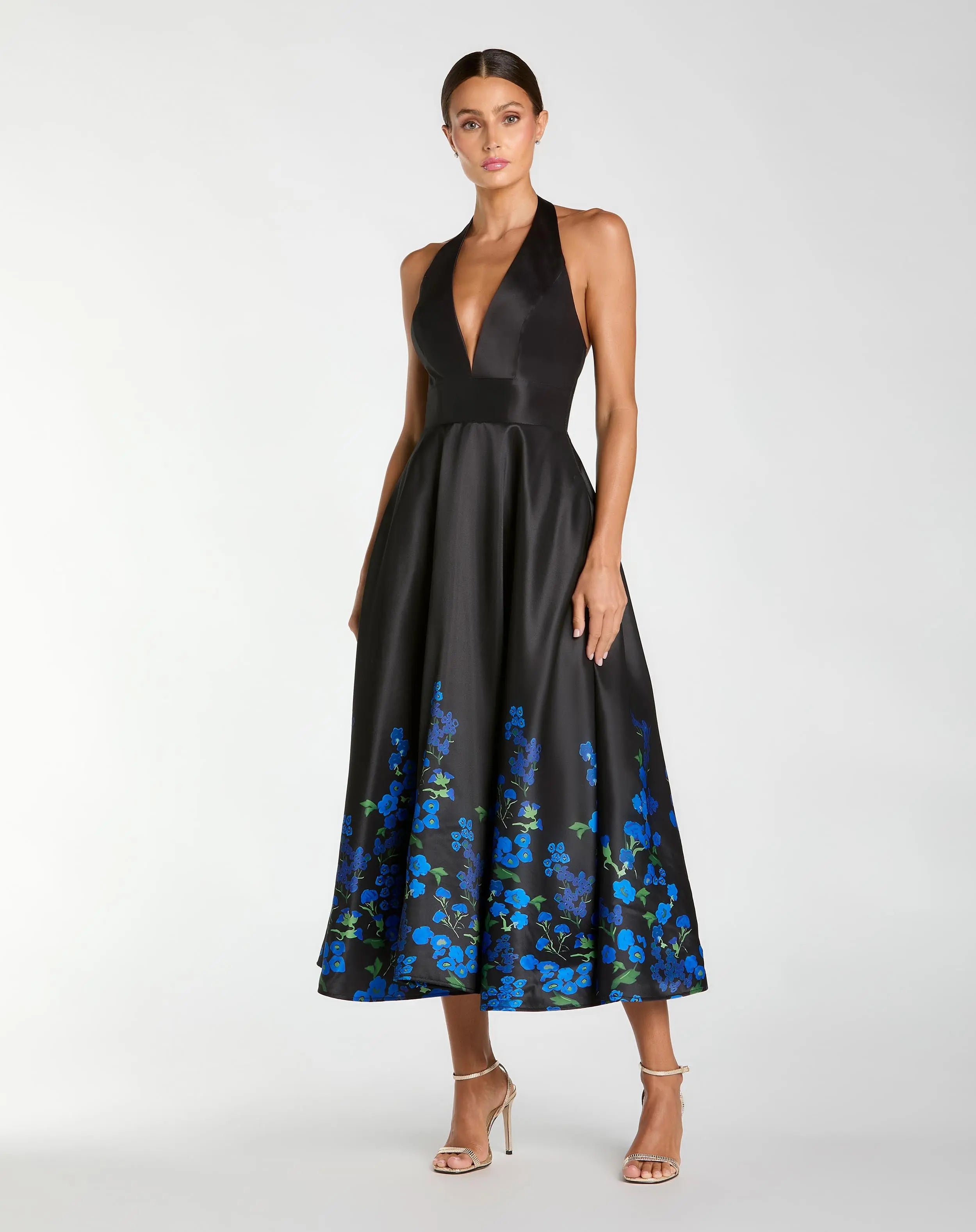 Image of Black Halter Neck Floral Printed Satin Midi Dress