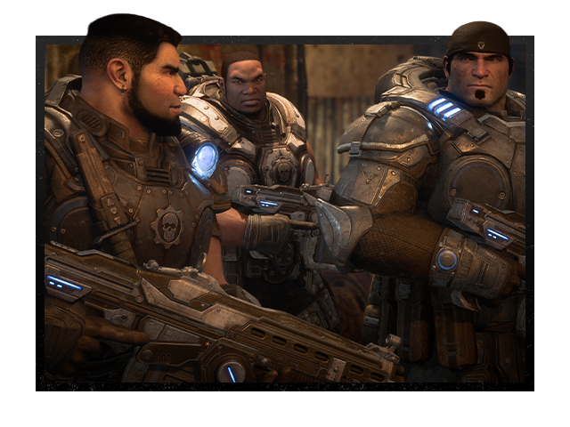 Marcus Fenix, Dom Santiago, and Augustus Cole walk together in between combat encounters.