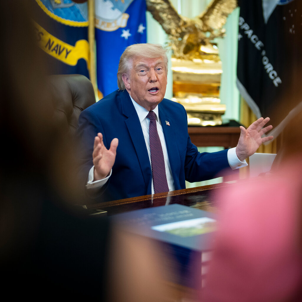 President Trump, wearing a blue suit, white shirt and red patterned tie, speaks with his hands raised.