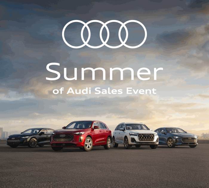 Audi pack shot in front of a summer sky. Audi Q5 driving down a desert road. Audi Q7 speeding through a forest. Audi A5 parked beside a sandy beach. Summer of Audi Sales Event. Explore the lineup.