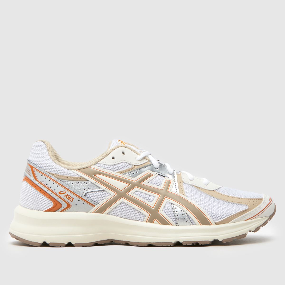 An image of a white and orange ASICS trainer