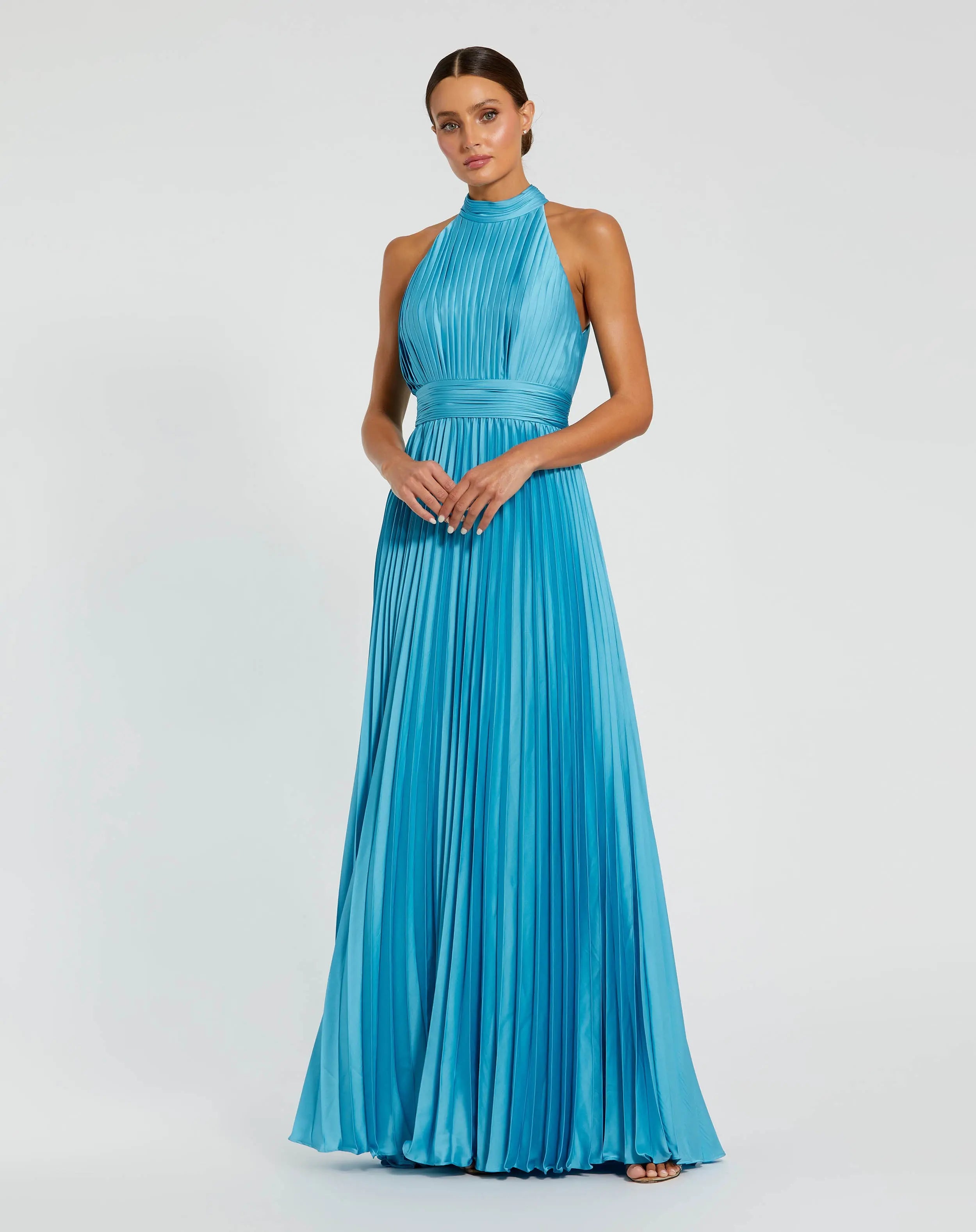 Image of Blue Sleeveless Halter Neck Pleated Satin Gown