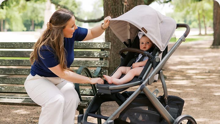 Mom looking at baby in stroller