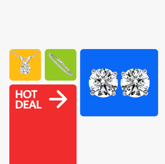 A diamond pendant with a silver chain on a yellow tile, a diamond tennis bracelet on a green tile, a pair of diamond earrings on a blue tile, and the words 'HOT DEAL' with an arrow pointing right in a red tile sit against a white background.