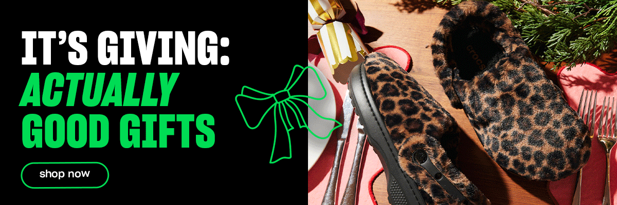A GIF of Crocs leopard print slippers, Nike trainers and Vans trainers alongside the text 'It's Giving: Actually Good Gifts. Shop Now'