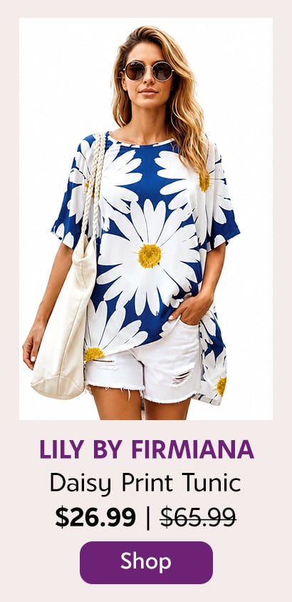 Lily by Firmiana Women’s Short Sleeve V-Neck Tunic Women’s Apparel White Navy Daisy Print