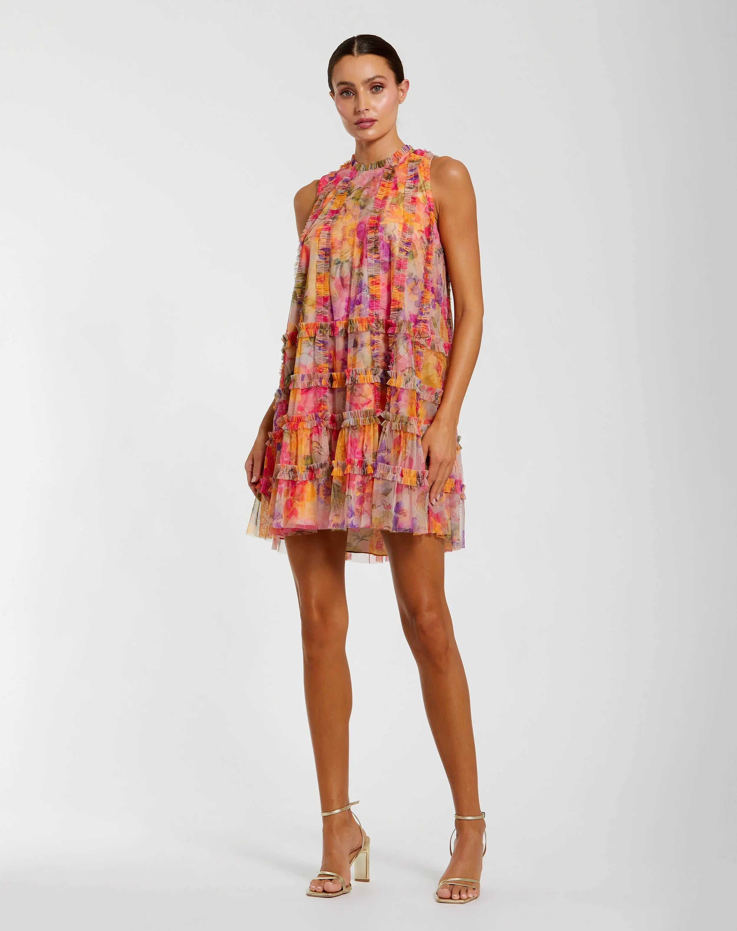 Image of Multicolor Printed Sleeveless High Neck Ruffle Mini Dress